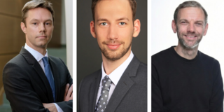 Photo Teaching Awards 2025/26 The teaching award winners Prof. Dr. Lorenz Graf-Vlachy, Matthias Schinnen, and Prof. Dr. Andreas Lichter.