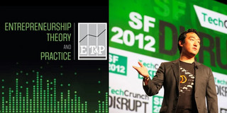 Zweigeteiltes Bild. Links Entrepreneurship Theory and Practice Logo. Rechts: Mann hält Vortrag, hinter ihm groß Bild mit Aufschriften wie Tech Crunch Disrupt.