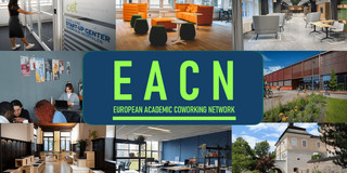 EACN Logo vor Fotokollage mit Bildern unterschiedlicher Working Spaces.