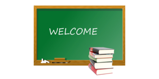 Graphic "Back to School" Green slate with crotchet "Welcome" and stack of books in front of it